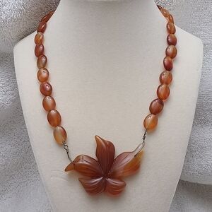 Vintage Carved Flower Natural Carnelian Pendant Necklace in Sterling Silver